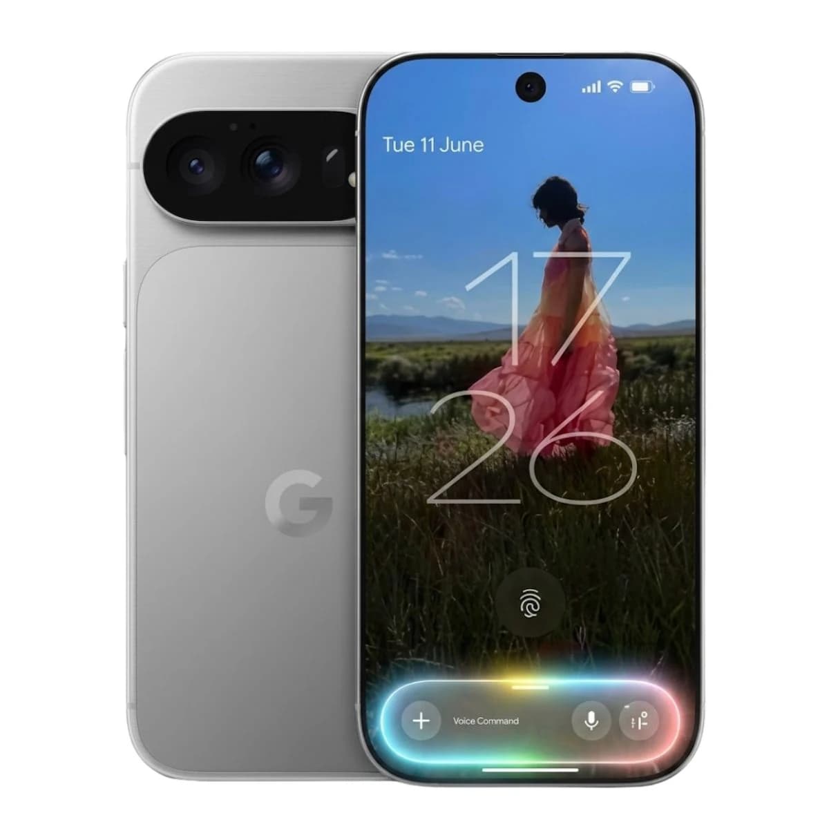 Google Pixel 11 Pro XL smartphone in silver with a sleek design. The front displays a vibrant screen showing a woman in a pink dress against a scenic background. Features dual rear cameras and an elegant finish.