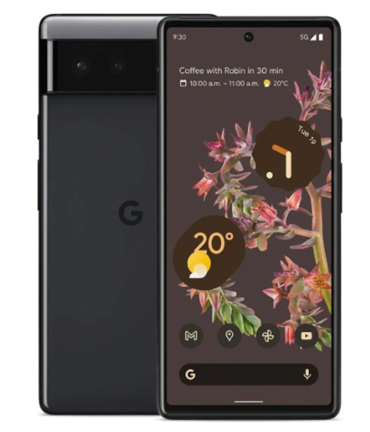 Google Pixel 6 smartphone in black color, featuring a vibrant display with floral wallpaper, showcasing weather and calendar widgets. The sleek design includes a dual-camera setup on the back, emphasizing its modern aesthetics.