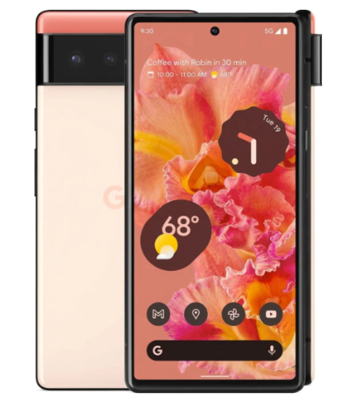 Google Pixel 6 smartphone in soft coral and black color, featuring a vibrant floral wallpaper on the display. The device showcases a dual-camera setup and sleek design, perfect for tech enthusiasts. 128GB storage.