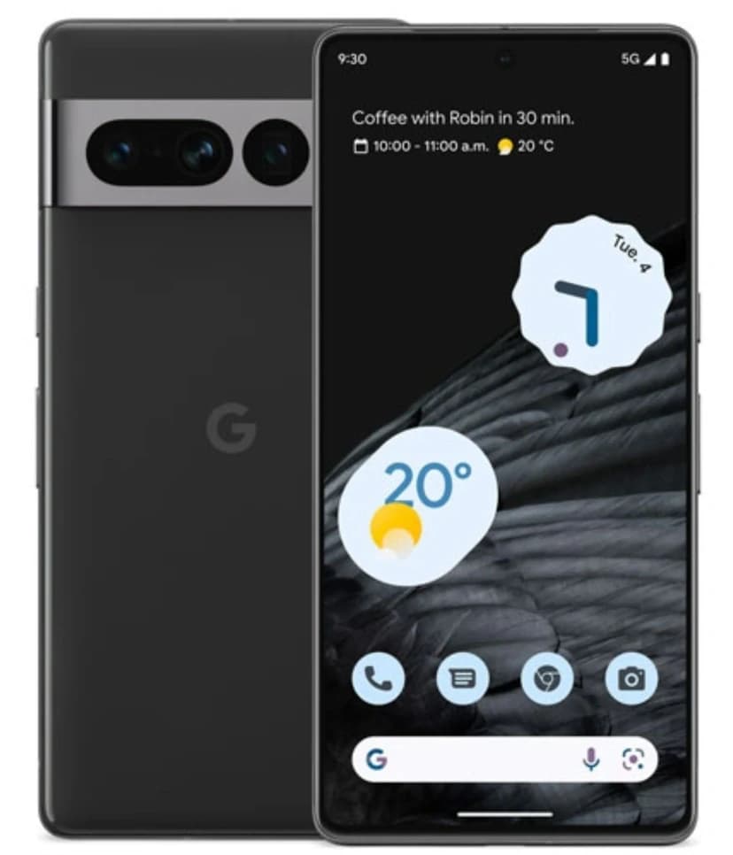 Google Pixel 7 Pro smartphone in Obsidian color, featuring a sleek design with a dual-tone finish, showcasing the front display with weather widget and app icons, and the rear camera module with three lenses.