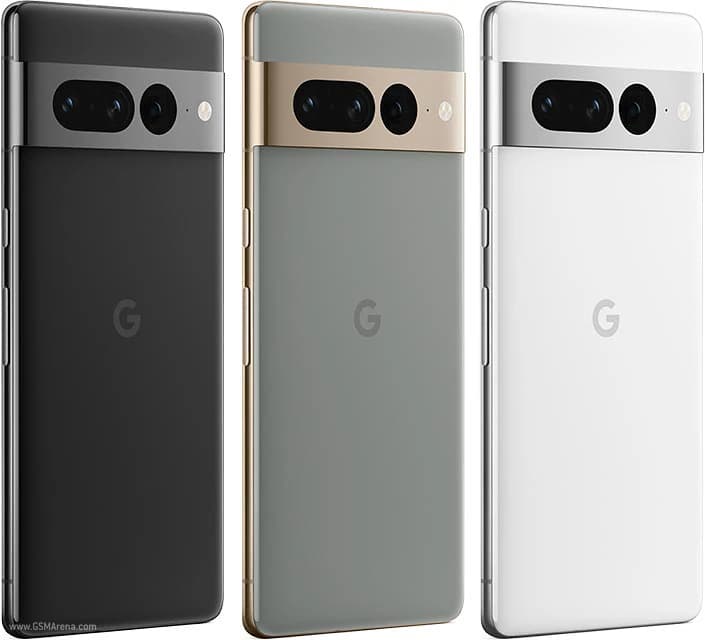 Google Pixel 7 Pro smartphone in three colors: Obsidian Black, Hazel Green, and Snow White. Each phone features a sleek design with a dual-camera setup and a prominent 'G' logo on the back. The devices are displayed against a plain background,…