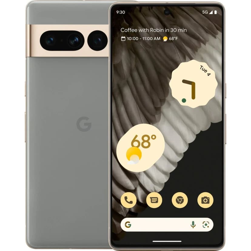 Google Pixel 7 Pro smartphone in Obsidian color with a sleek design. The front displays a vibrant interface featuring weather and calendar widgets. The back showcases a matte finish with a dual-camera setup and the Google logo.