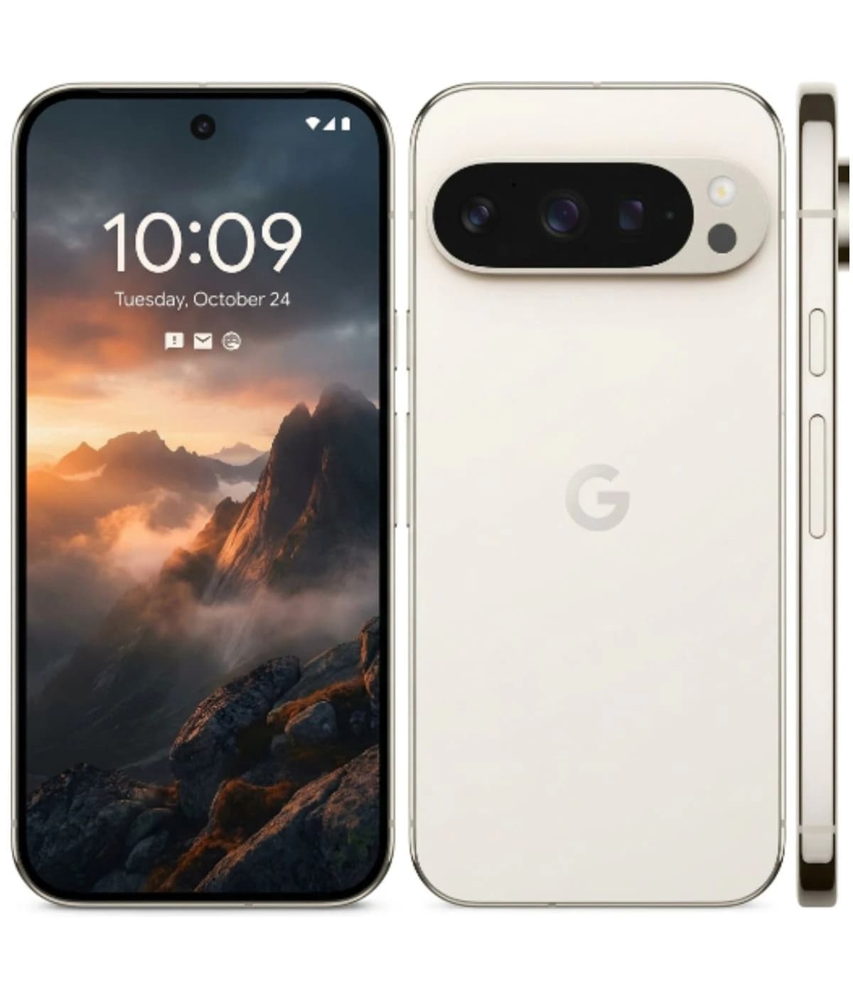 Google Pixel 9 Pro smartphone in a sleek white finish, showcasing a vibrant mountain landscape on the display. The device features a triple-camera setup on the back, with a polished metal frame and a minimalist design. Front view highlights the…