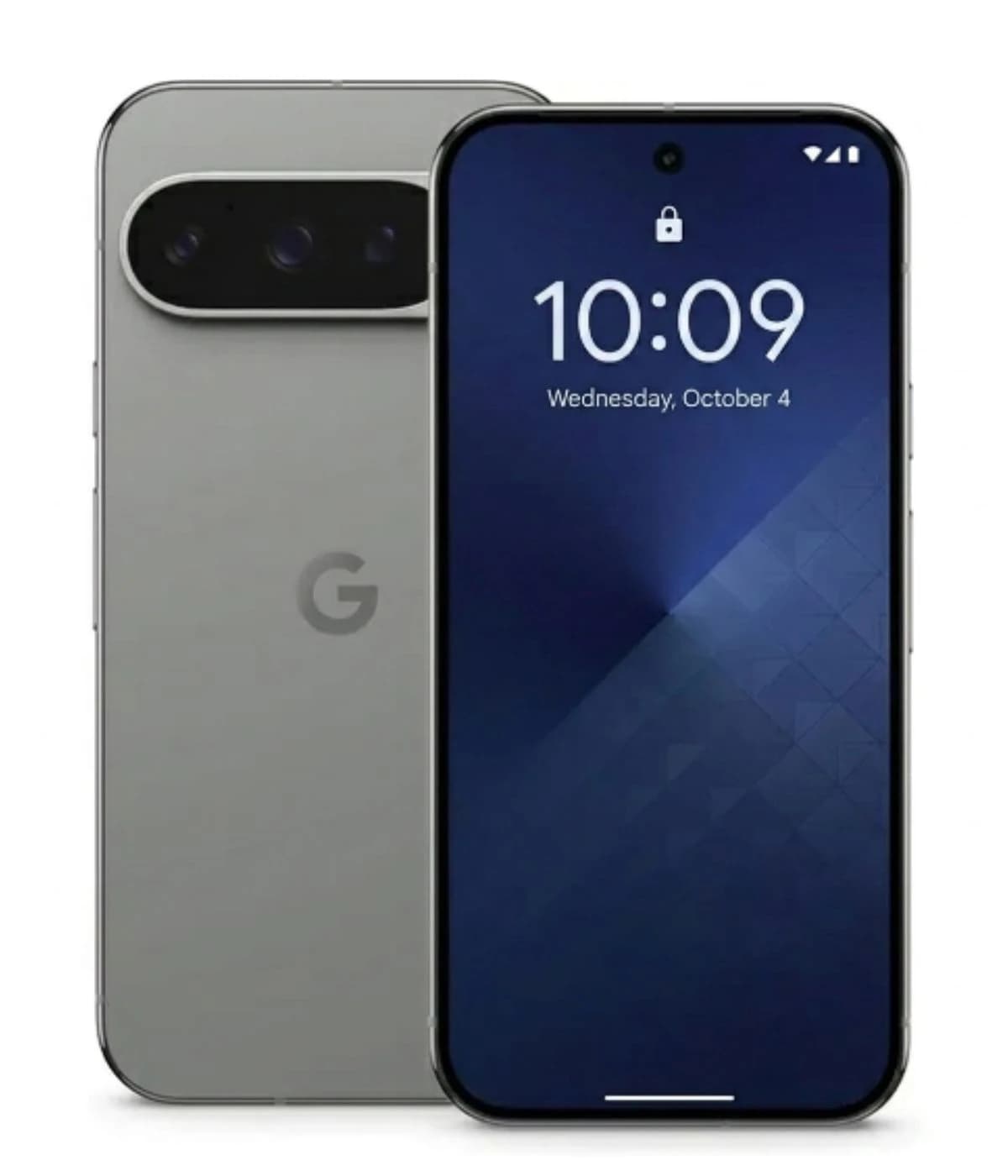 Google Pixel 9 Pro smartphone in sleek gray finish, showcasing a vibrant display with time and date. The back features a distinctive camera module with three lenses and the iconic 'G' logo. Front view highlights the modern design and edge-to-edge…