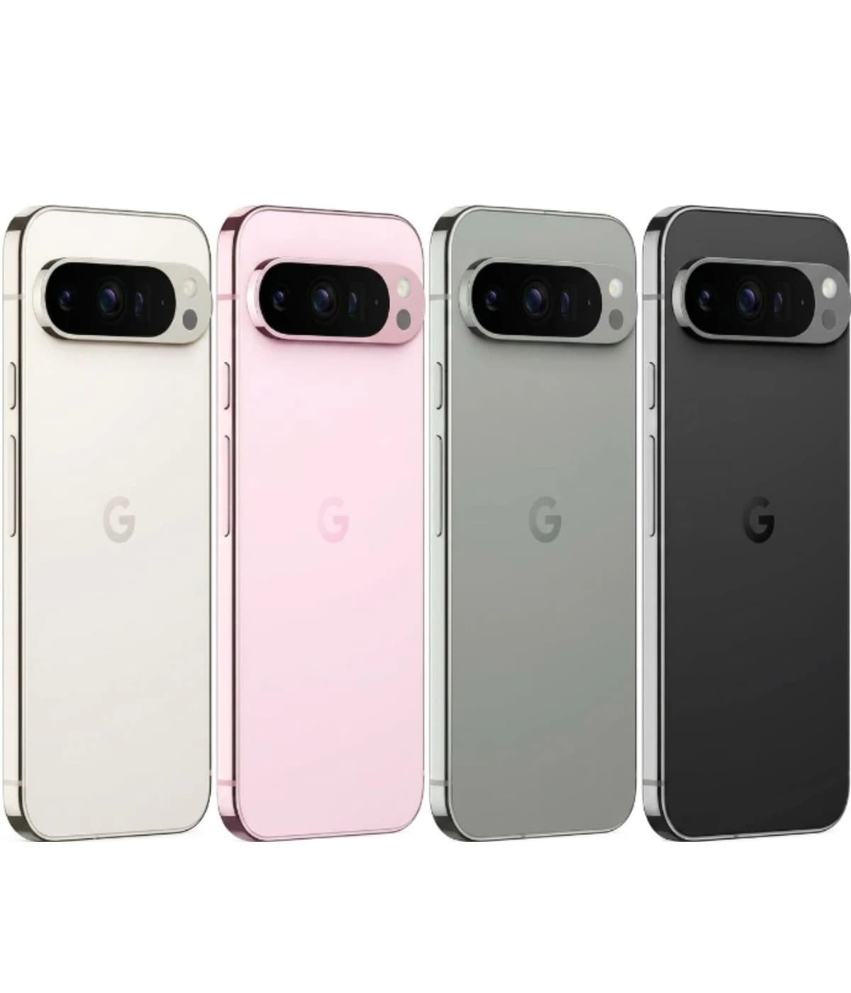 Google Pixel 9 Pro smartphone in four colors: white, pink, gray, and black. Each phone features a sleek design with a dual-camera setup and a prominent 'G' logo on the back. The devices are displayed against a plain background, showcasing their…