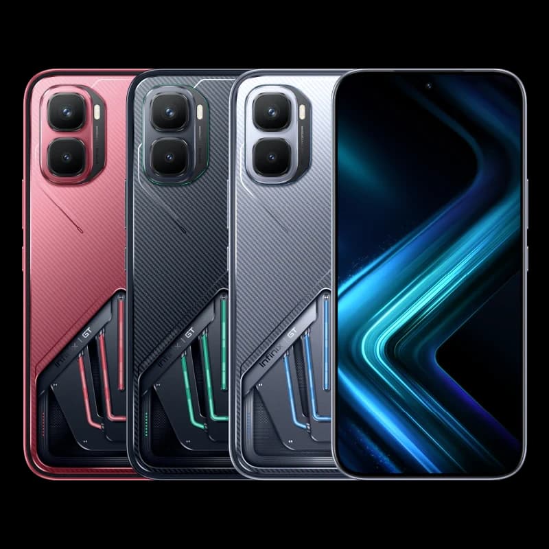 Infinix GT 50 Pro smartphone in three color variants: red, black, and silver. Each phone features a sleek design with a textured back and dual camera setup. The vibrant display showcases dynamic colors, emphasizing its modern aesthetics.