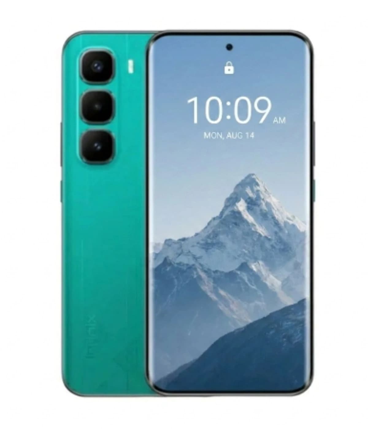 Infinix Hot 60 Pro smartphone in vibrant turquoise color featuring a sleek design, triple rear camera setup, and a stunning display showing a mountain landscape. The device is positioned against a plain background.