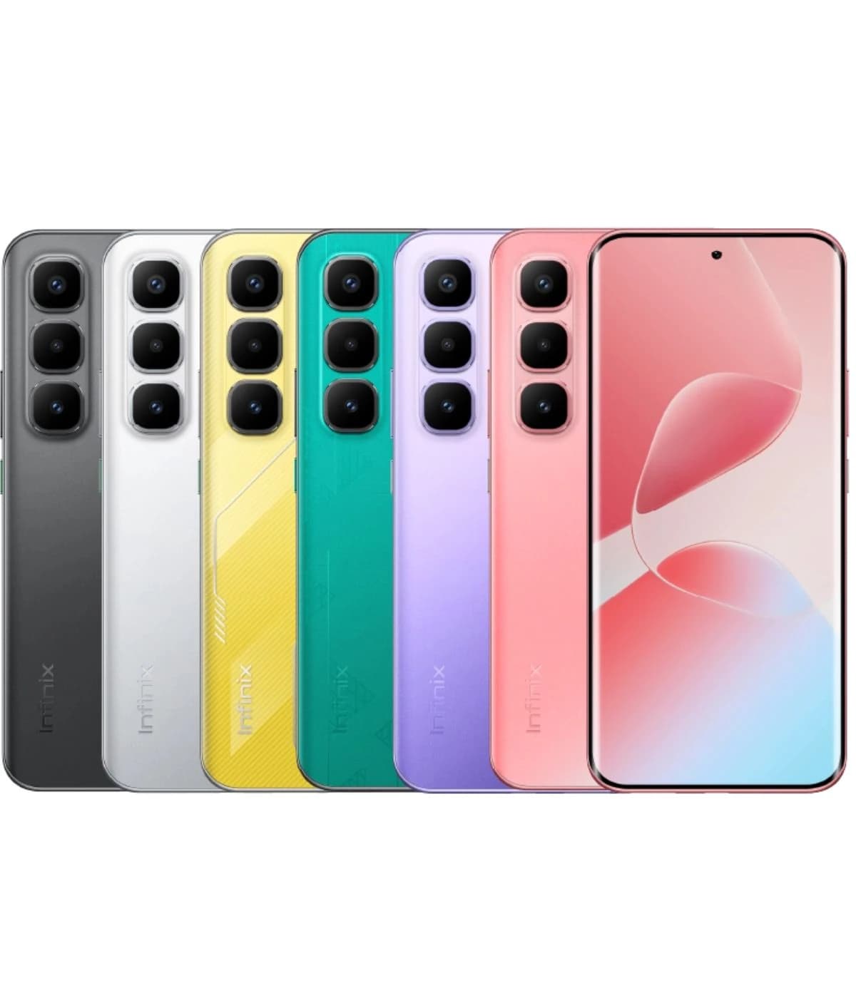 Infinix Hot 60 Pro smartphone lineup featuring six vibrant colors: black, silver, yellow, green, purple, and pink. Each phone showcases a sleek design with a triple camera setup on the back and a large display on the front.
