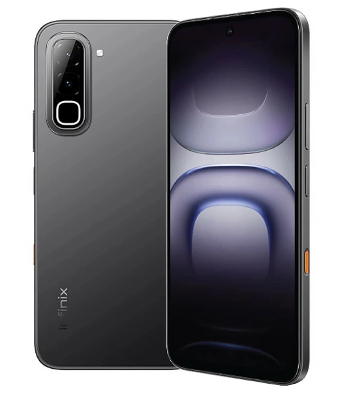 Infinix Hot 70 smartphone in sleek black design, showcasing a dual-camera setup and vibrant display. Features a modern aesthetic with rounded edges and a side-mounted fingerprint sensor.