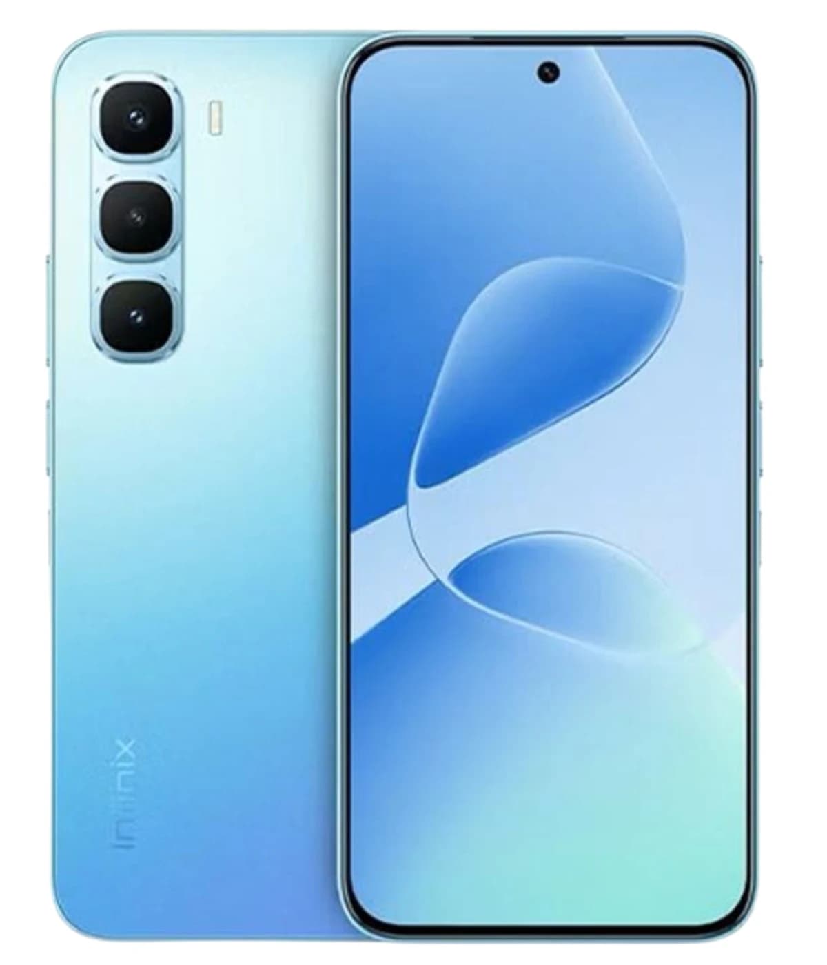 Infinix Hot 70 Pro smartphone in a sleek light blue gradient design, featuring a 6.8-inch display, triple rear camera setup, and a modern flat edge. The device showcases a premium finish with a vibrant color scheme, ideal for tech enthusiasts.