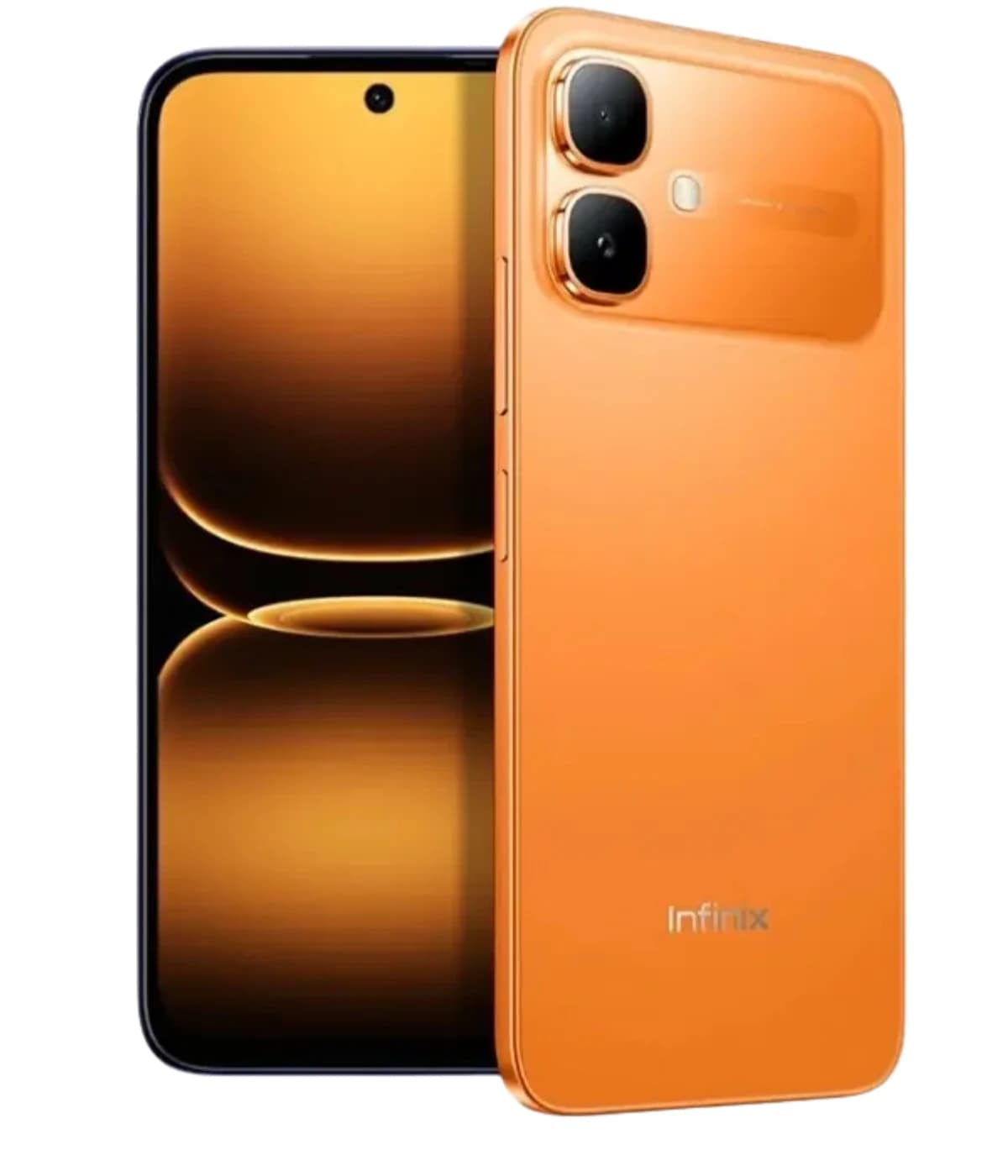 Infinix Smart 20 smartphone in vibrant orange color, showcasing a sleek design with dual rear cameras and a large display. The front features a minimal bezel and a centered front camera, ideal for modern users.