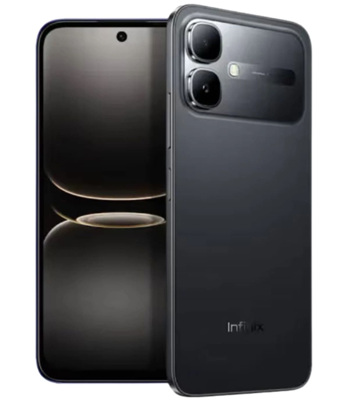 Infinix Smart 20 smartphone in sleek black design, showcasing dual rear cameras and a modern aesthetic. The device features a vibrant display with minimal bezels, emphasizing its contemporary look.