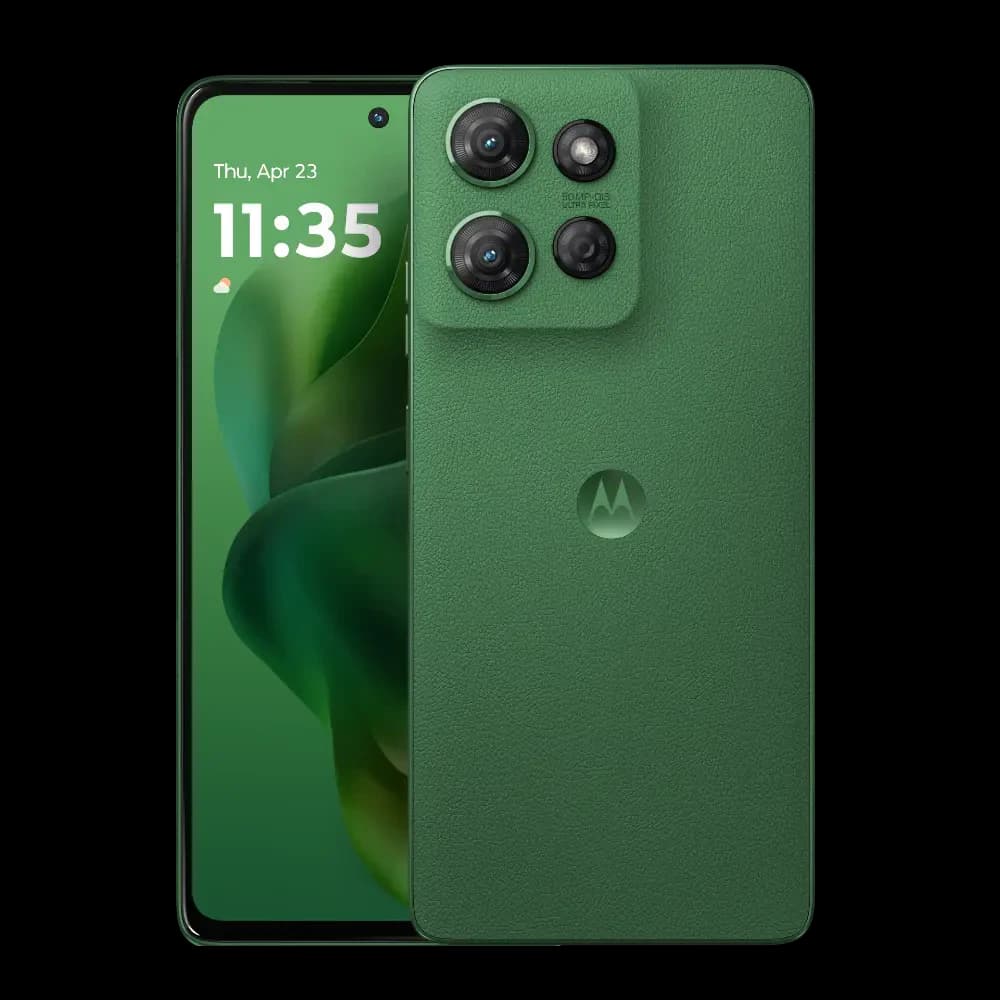 Motorola Moto G Power smartphone in a vibrant green color with a textured finish. Features a triple-camera setup on the back and a sleek front display showing the time and date. Ideal for photography enthusiasts and everyday users.
