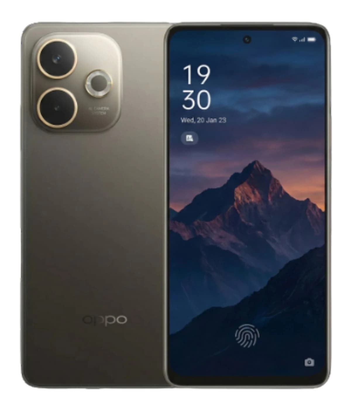 Oppo A5 Pro smartphone in sleek gray finish featuring a dual-camera system with circular lenses. The display shows a scenic mountain wallpaper with a fingerprint sensor visible on the screen. Front view highlights the modern design and vibrant…