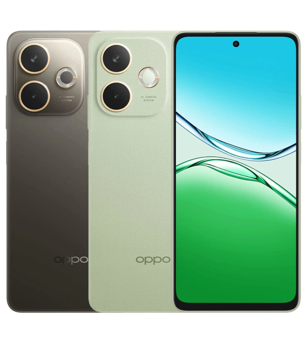 Oppo A5 Pro smartphone featuring a sleek design with a dual-tone finish in dark gray and light green. The front showcases a vibrant display with minimal bezels, while the back highlights a dual-camera system with gold accents. Ideal for tech…
