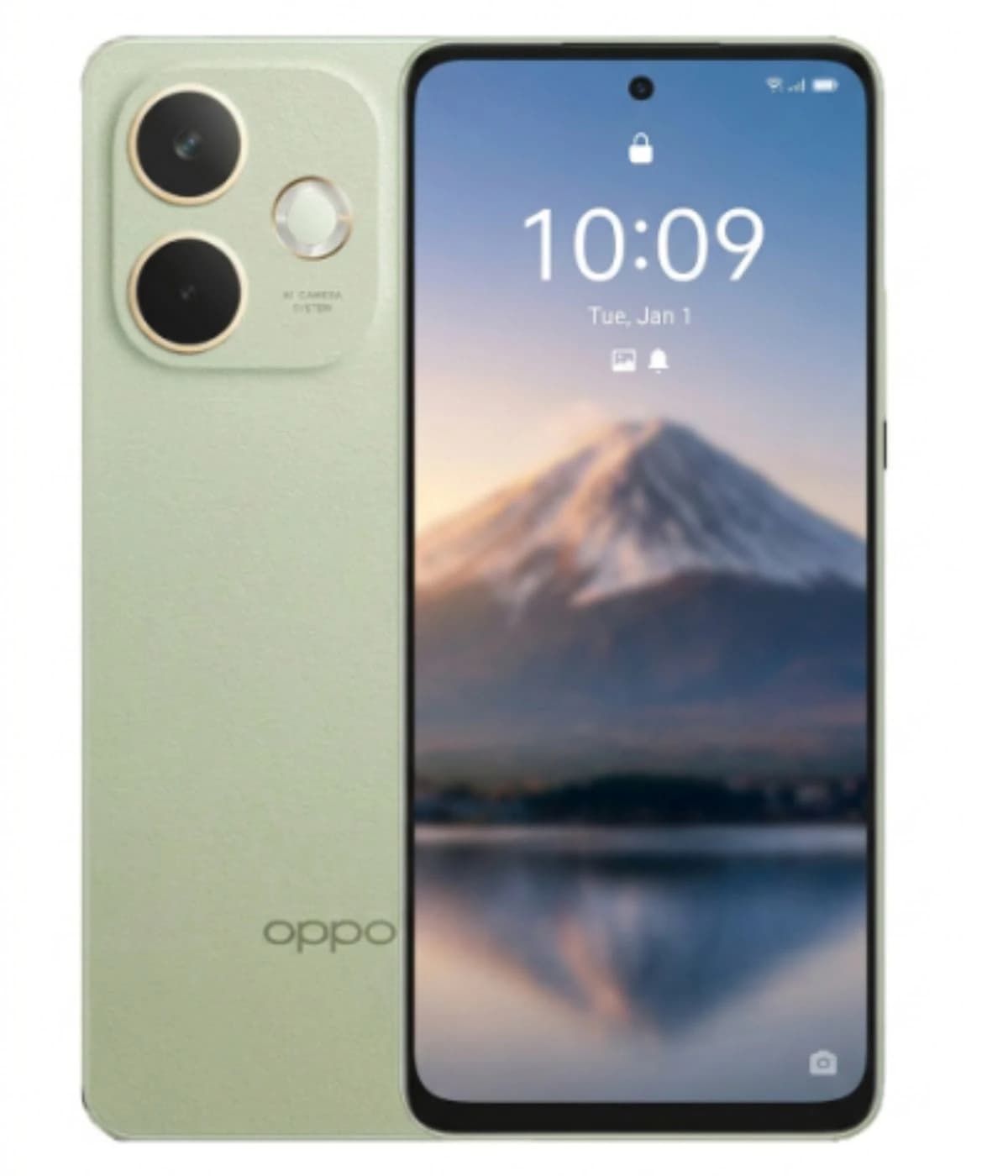 Oppo A5 Pro smartphone in a soft green color with a sleek design. Features a dual-camera system on the back and a vibrant display showing a scenic mountain landscape. Front view highlights the modern aesthetics and user interface.