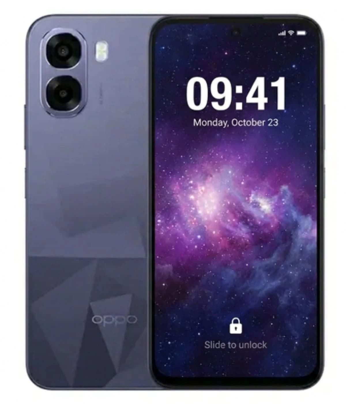 Oppo A6k smartphone in a sleek purple design featuring dual rear cameras and a vibrant display showing a cosmic wallpaper. The device is presented in a front and back view, highlighting its modern aesthetics and user interface.