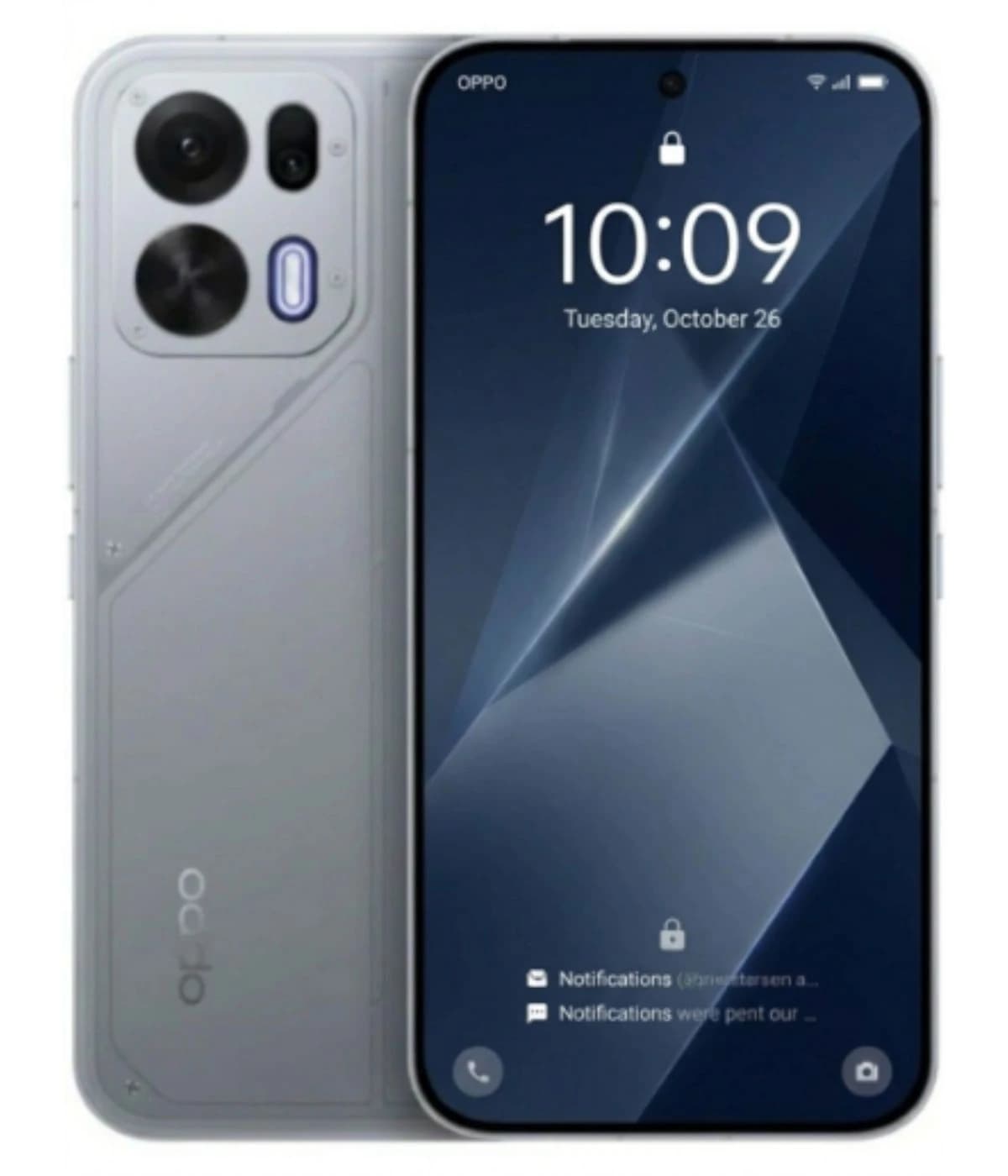 Oppo K15 smartphone featuring a sleek gray design with dual rear cameras and a vibrant display. The front view showcases the lock screen with time and notifications, highlighting its modern aesthetic.