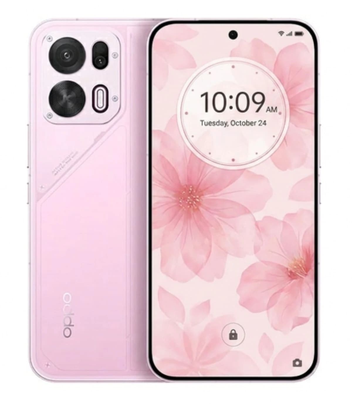 Oppo K15 Pro smartphone in soft pink color featuring a floral wallpaper on the display, showcasing dual rear cameras and a sleek design. The device is presented in a front view against a plain background.