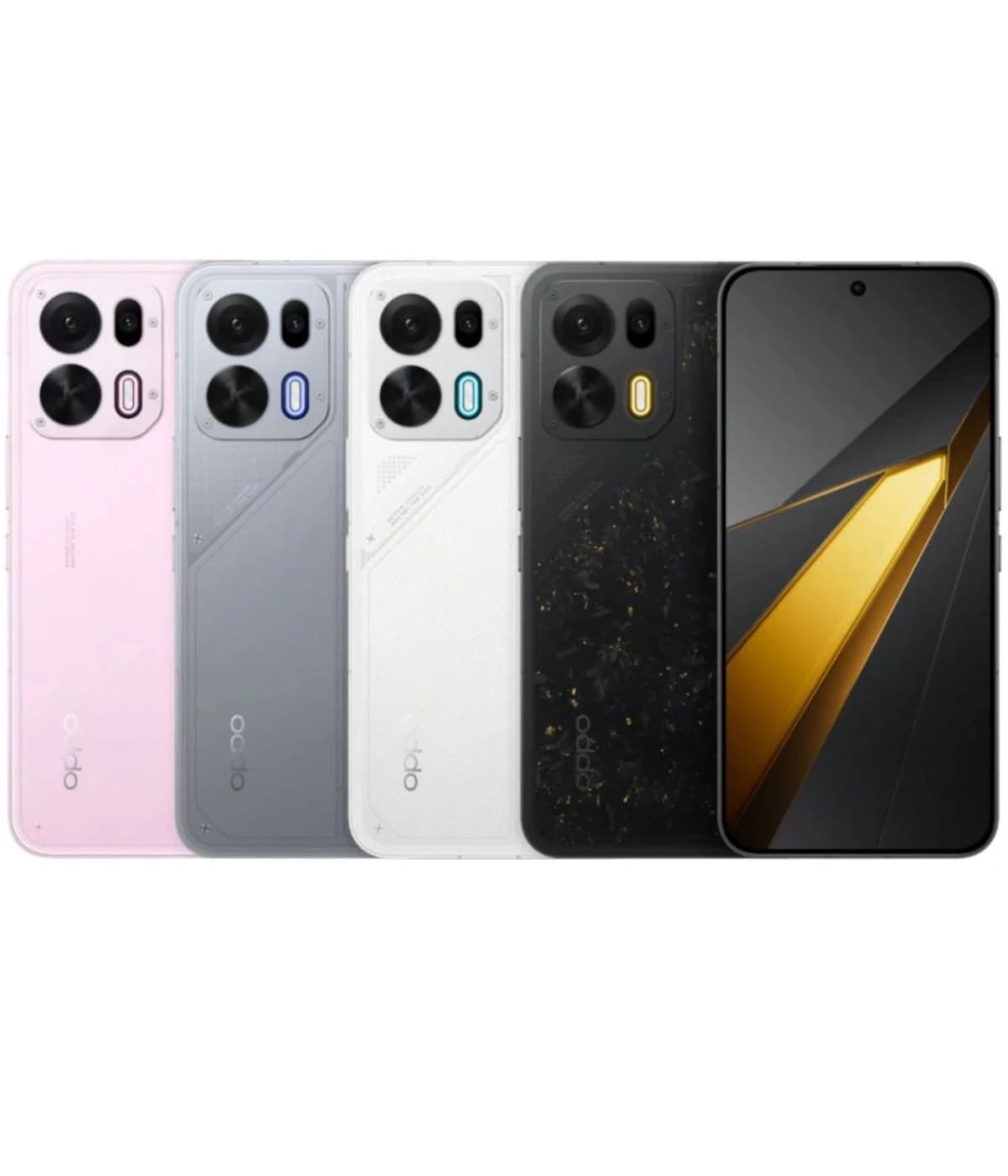 Oppo K15 Pro smartphone lineup featuring four color variants: pink, gray, white, and black. Each phone showcases a dual-camera setup and sleek design, with the black model displaying a unique textured back. Front view highlights the vibrant display.