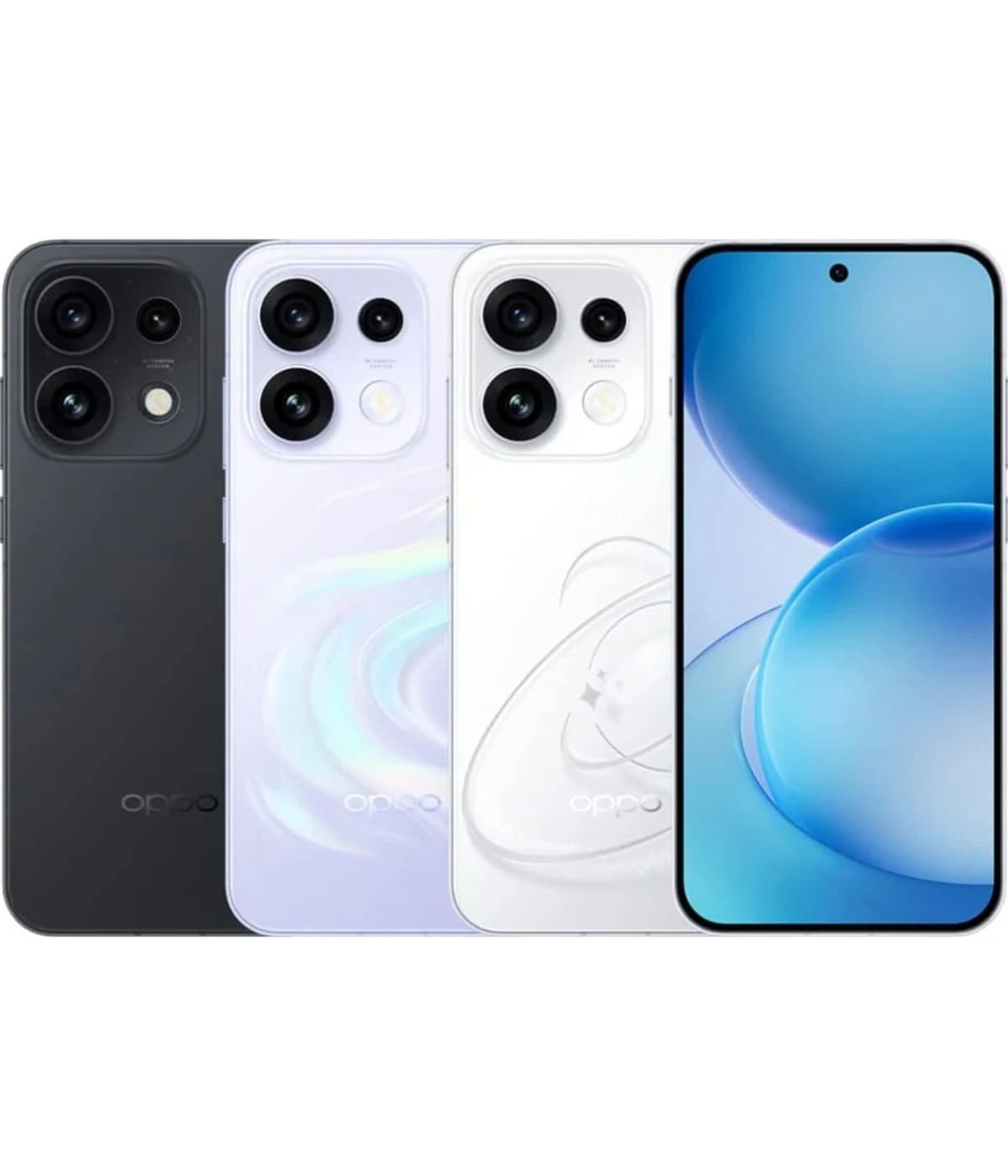 Oppo Reno 16 smartphones in four stylish colors: black, purple, white, and blue. Each phone features a sleek design with multiple rear cameras and a vibrant display, showcasing modern technology and aesthetics.