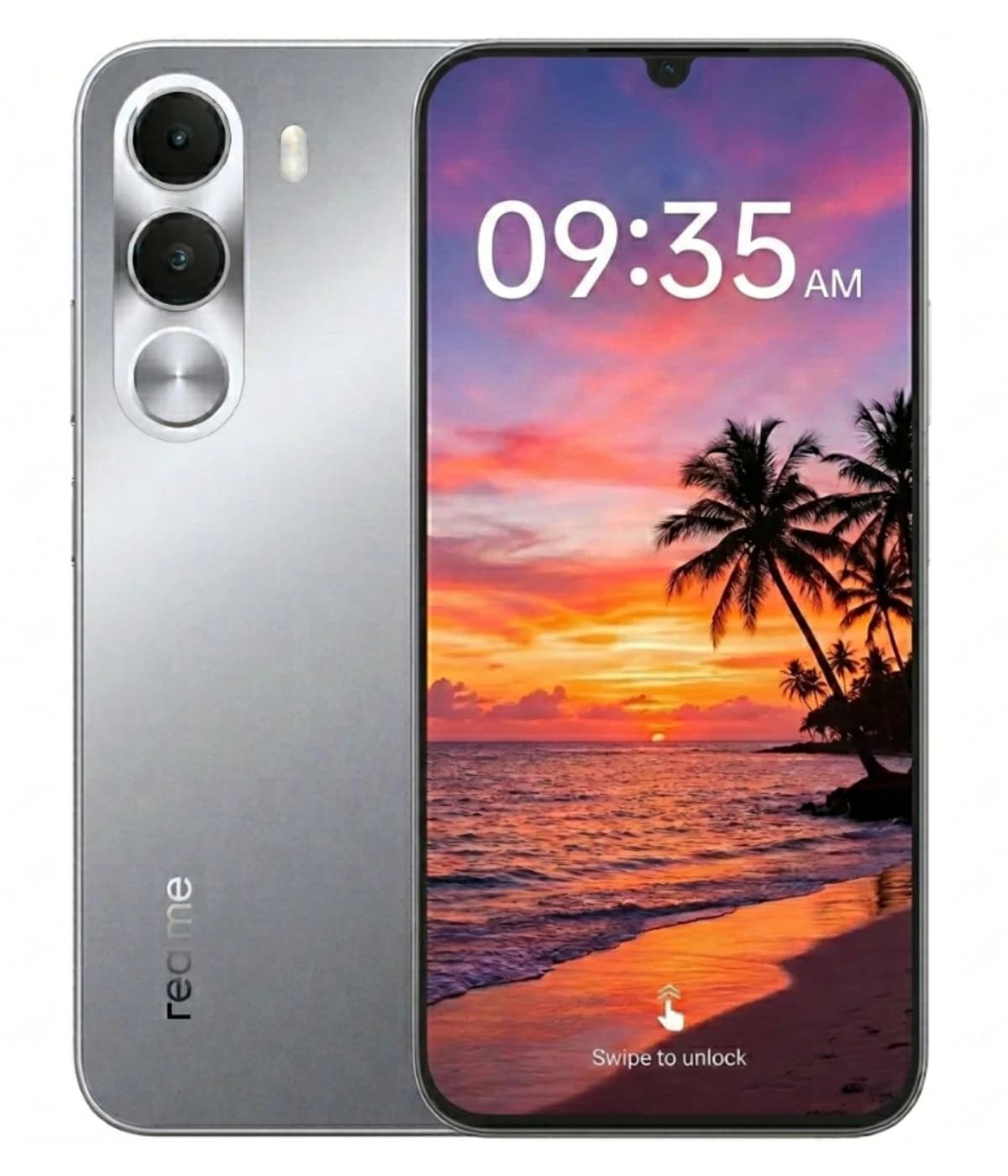 Realme C100i smartphone in silver color featuring a dual-camera setup and vibrant beach sunset wallpaper on display. The device showcases a sleek design with a modern front view and a compact form factor.