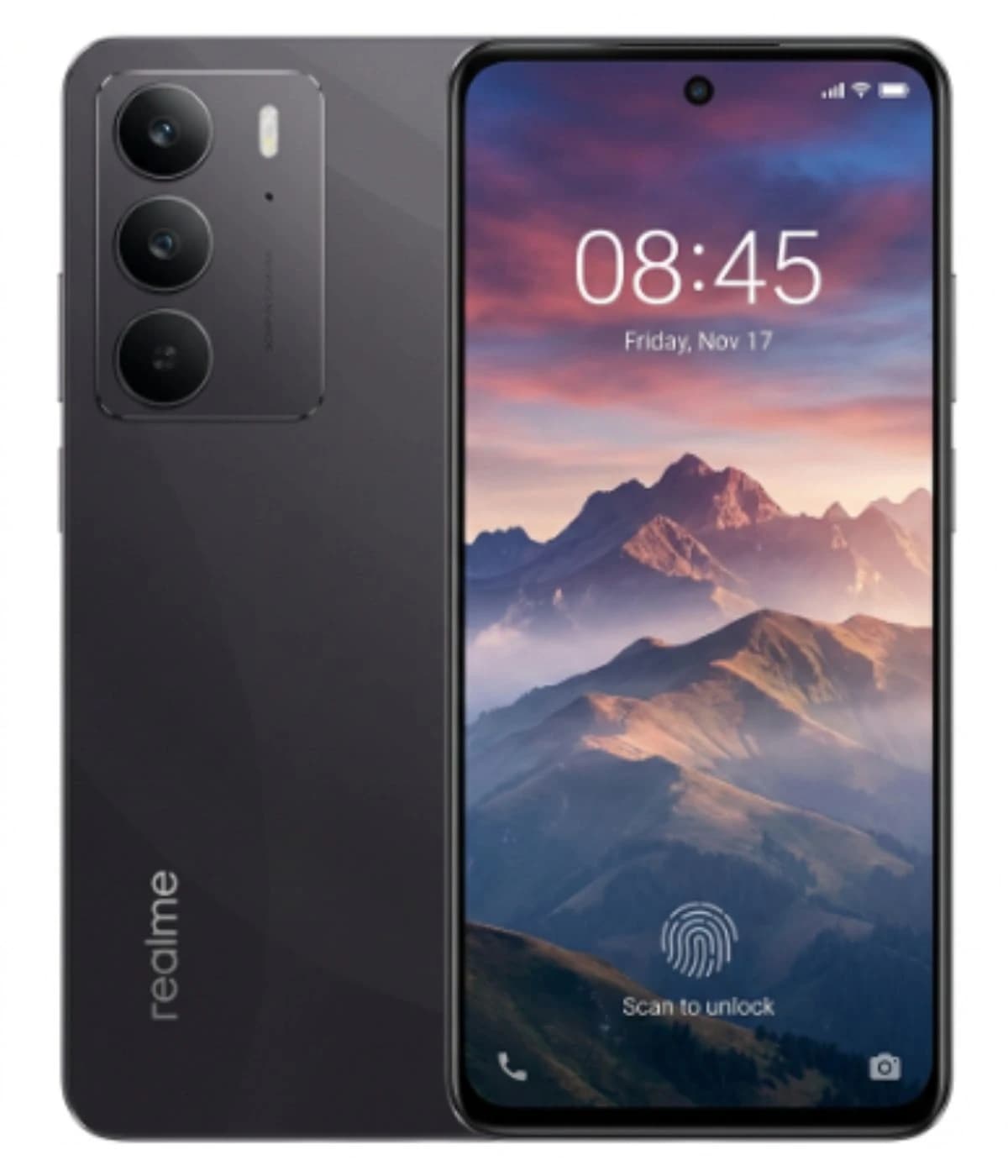 Realme C75 smartphone in sleek black design featuring a triple camera setup on the back, vibrant display showing a mountain landscape, and fingerprint unlock feature. Ideal for tech enthusiasts.