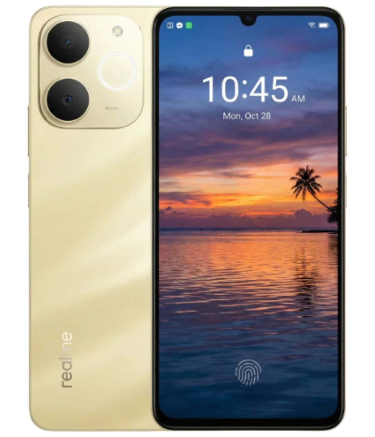 Realme Note 70 smartphone in gold color featuring a dual-camera setup and a vibrant display showing a sunset over water. The device has a sleek design with a fingerprint sensor on the screen.
