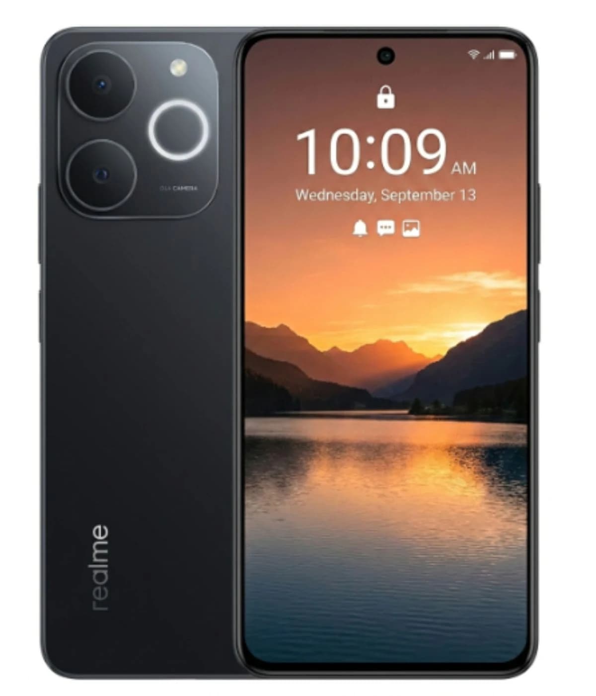 Realme Note 70 smartphone in sleek black design, featuring a dual-camera setup on the back and a vibrant display showcasing a sunset landscape. The device is shown from the back and front, highlighting its modern aesthetics and user interface.