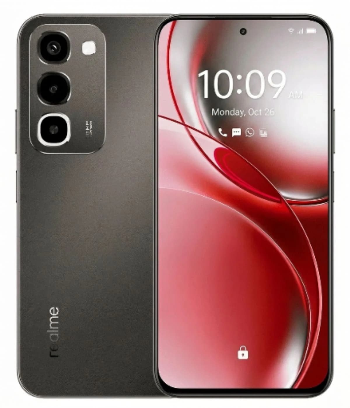 Realme P4R smartphone in sleek black finish, featuring a vibrant display with a red and silver wallpaper. The back showcases a triple camera setup and the Realme logo, emphasizing its modern design.