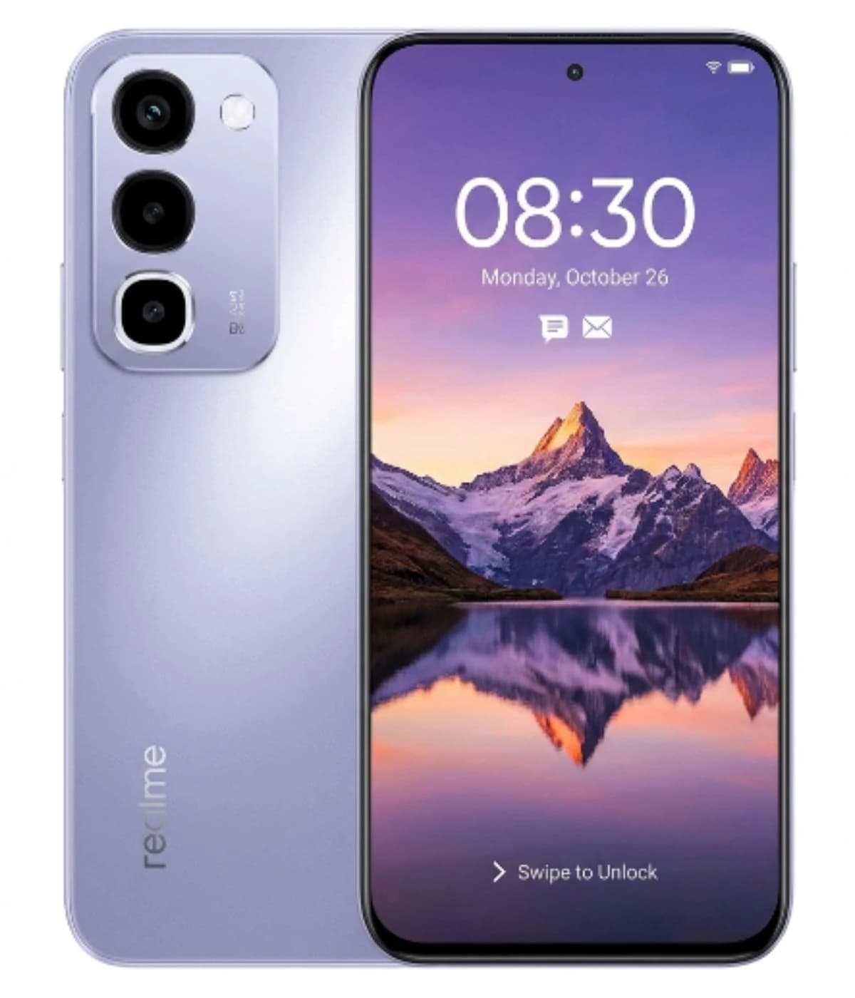 Realme P4R smartphone in a sleek lavender color featuring a triple camera setup on the back, displaying a vibrant mountain landscape on the screen. The device is shown from a front view with a modern design and minimal bezels.
