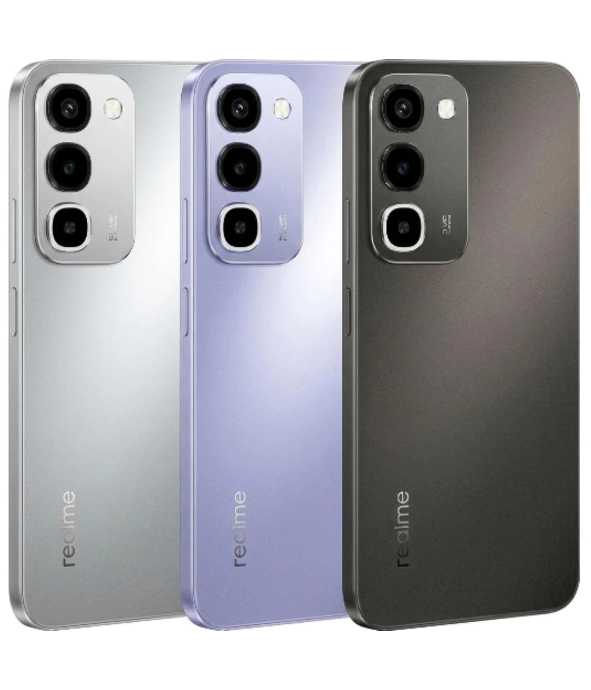 Realme P4R smartphone showcased in three stylish colors: silver, lavender, and black. Each phone features a sleek design with a triple camera setup and the Realme logo prominently displayed.
