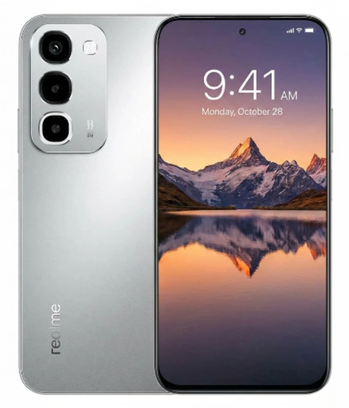 Realme P4R smartphone in sleek silver finish featuring a triple camera setup on the back and a vibrant display showing a scenic mountain landscape. The device is positioned on a plain background, highlighting its modern design and premium look.