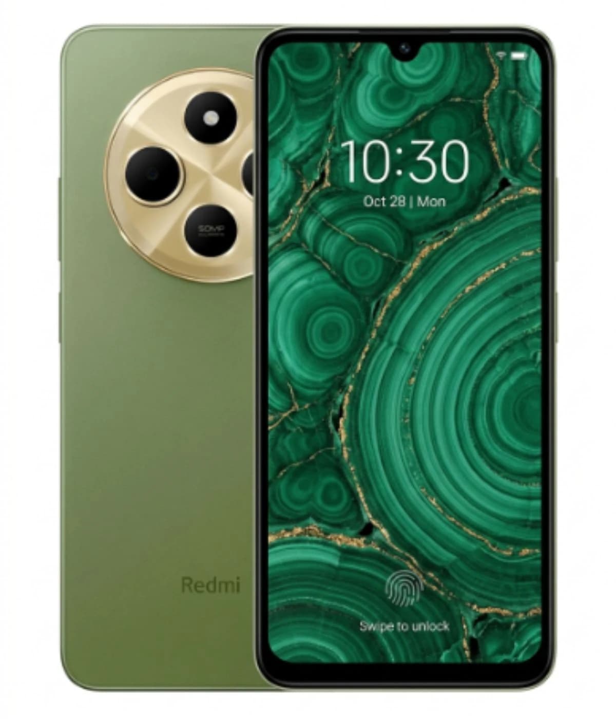 Redmi 14C smartphone in green color featuring a sleek design, 50MP triple camera setup, and vibrant display showcasing a green malachite wallpaper. The device has a modern aesthetic with rounded edges and a fingerprint sensor on the front.