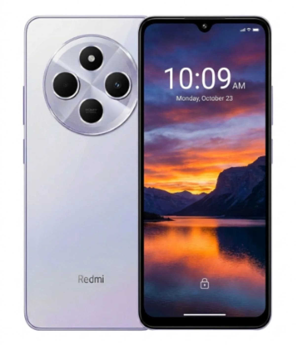 Redmi 14C smartphone featuring a sleek design with a glossy purple back and a large display. The device showcases a unique circular camera module with four lenses. The screen displays a vibrant sunset wallpaper, emphasizing its high-resolution…