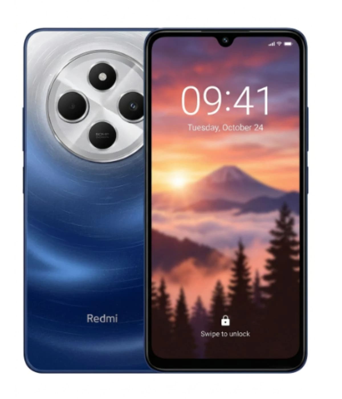 Redmi 14C smartphone featuring a sleek blue gradient design with a unique circular camera module. The display shows a scenic mountain wallpaper, highlighting the phone's modern aesthetics. Ideal for tech enthusiasts.