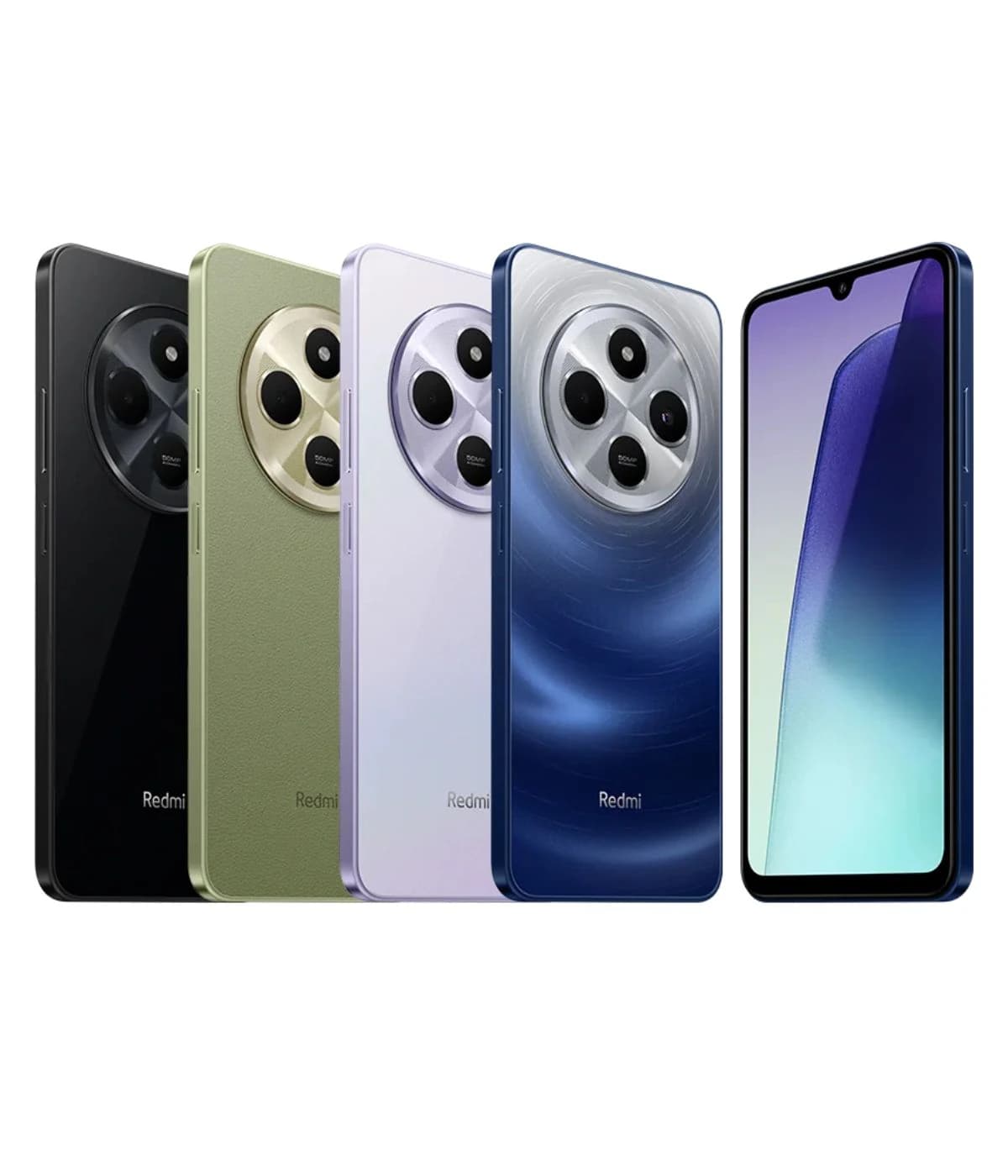 Redmi 14C smartphone lineup featuring four color variants: black, olive green, lavender, and blue. Each phone showcases a sleek design with a prominent circular camera module and a vibrant display. Ideal for tech enthusiasts seeking style and…