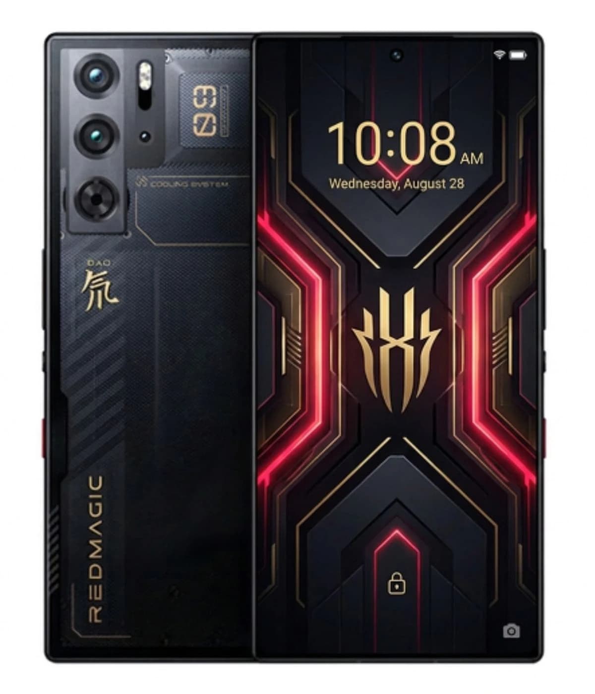 Redmagic A7 Pro smartphone featuring a sleek black design with gold accents, showcasing a vibrant display with a futuristic interface. The device includes a triple camera setup and is designed for high-performance gaming.