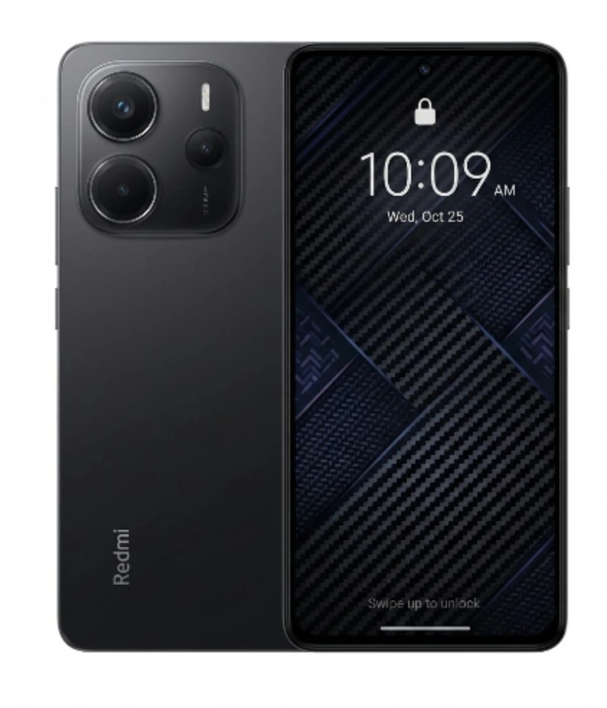 Redmi Note 14 smartphone in sleek black finish, featuring a dual-camera setup on the back and a vibrant display showing the lock screen with the time. The device has a modern design with a textured background.