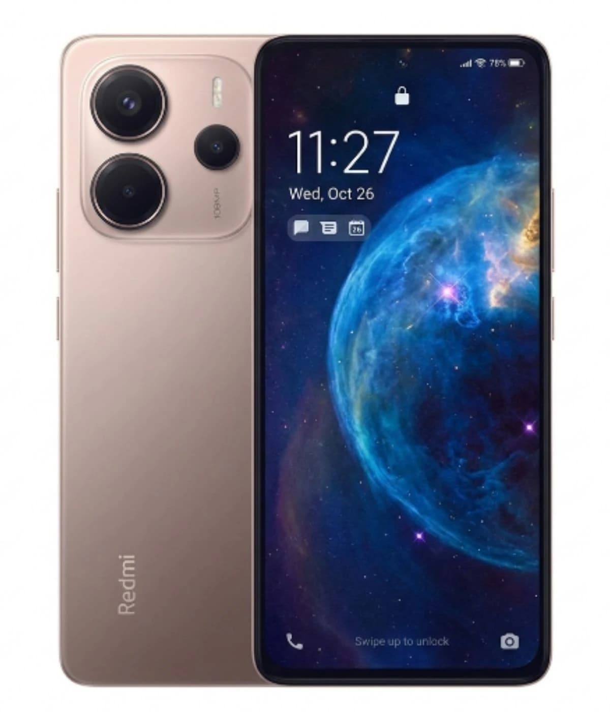 Redmi Note 14 smartphone in a sleek gold finish, featuring a vibrant display with a cosmic wallpaper, triple rear camera setup, and a modern design. The device showcases a front view with a clear screen and minimal bezels.