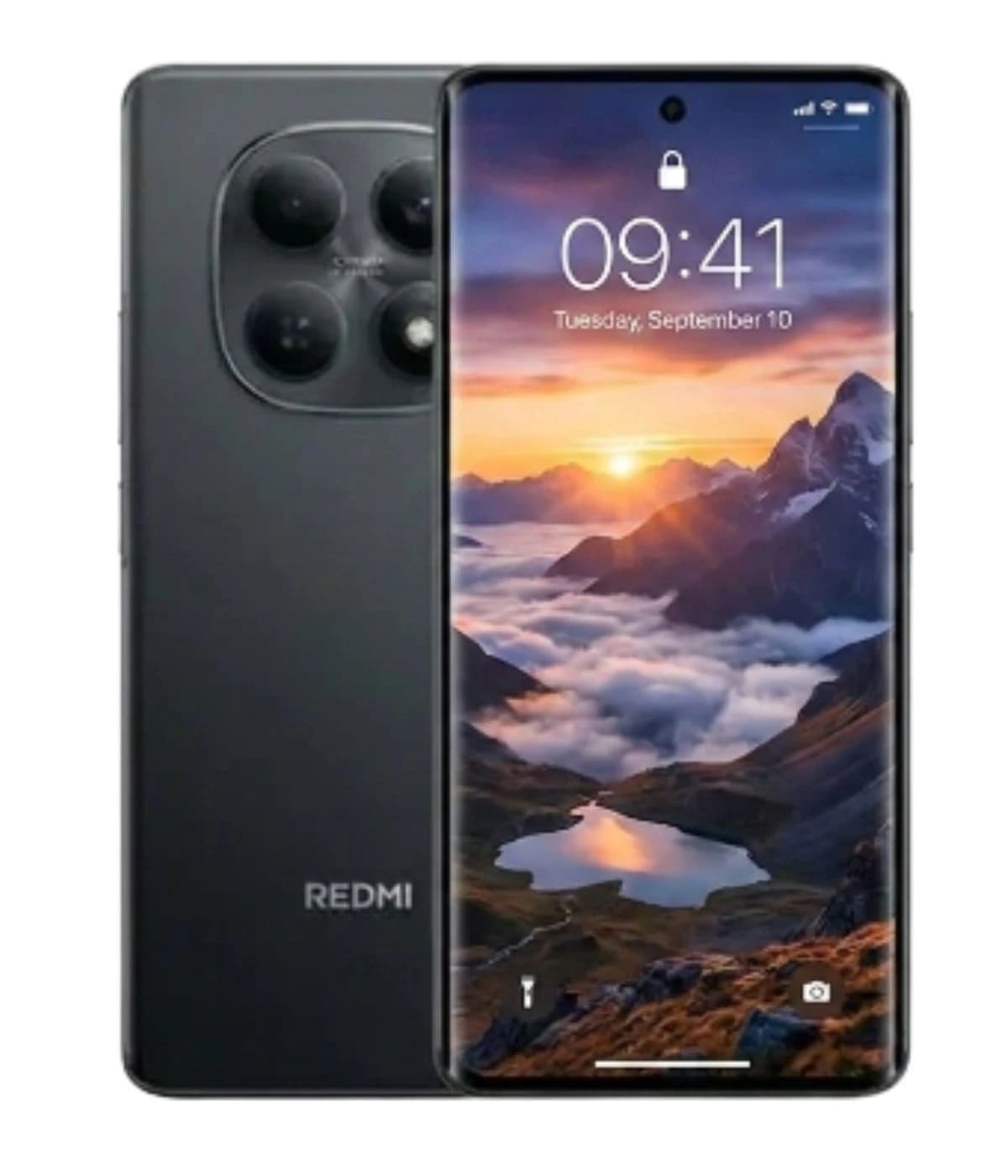 Redmi Note 15 smartphone featuring a sleek black design, showcasing a vibrant display with a scenic mountain landscape. The back highlights a quad-camera setup with a glossy finish. Ideal for photography enthusiasts.