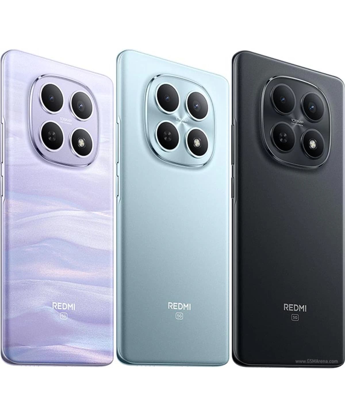 Redmi Note 15 smartphone in three color variants: lavender, blue, and black. Each model features a sleek design with a quad-camera setup on the back, showcasing the brand logo prominently. The lavender variant has a wavy texture, while the blue and…