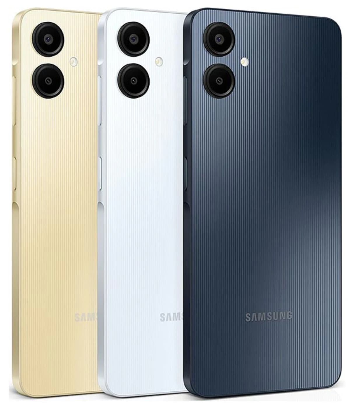 Samsung A06 smartphone in three colors: gold, white, and navy blue. Features a textured back design with dual cameras and a sleek finish. Ideal for modern users seeking style and functionality.