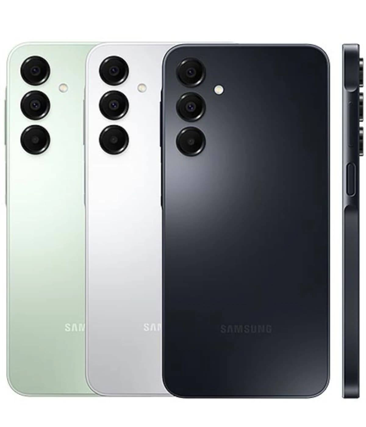 Samsung Galaxy A16 smartphone in three colors: mint green, white, and black. Features a sleek design with a triple camera setup on the back and a side view showcasing the slim profile. Ideal for modern users seeking style and functionality.
