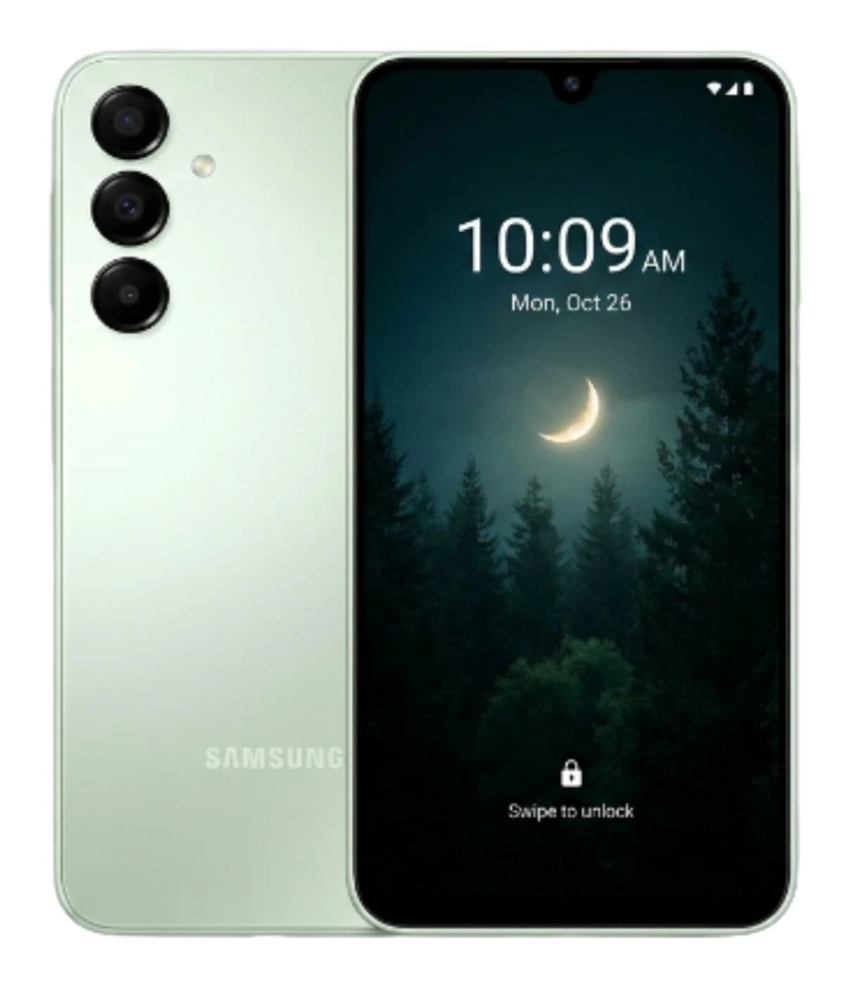 Samsung Galaxy A16 smartphone in mint green color, featuring a sleek design with three rear cameras and a vibrant display showing a night scene. The device is displayed front and back, highlighting its modern aesthetics and user interface.