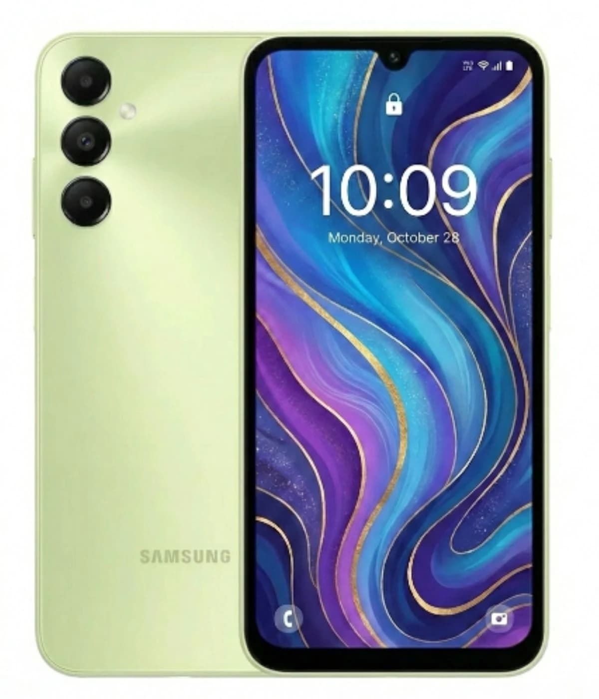 Samsung Galaxy A58 smartphone in a soft green color, featuring a vibrant display with a colorful abstract wallpaper. The back showcases a triple camera setup and the Samsung logo, emphasizing its modern design.