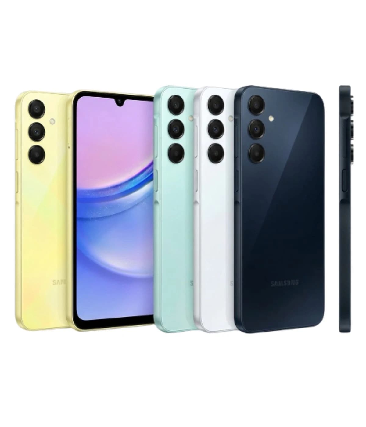 Samsung A58 smartphone in multiple colors including yellow, mint green, white, and navy blue. The front view showcases a vibrant display with a waterdrop notch design. The sleek, modern design features a triple camera setup on the back, emphasizing…