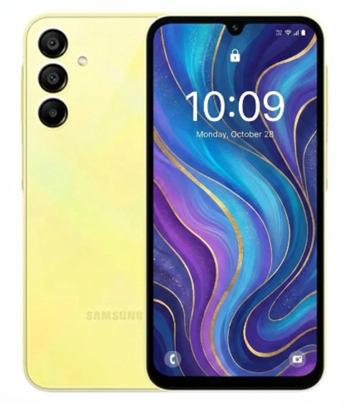 Samsung Galaxy A58 smartphone in a vibrant yellow color, featuring a sleek design with a triple camera setup on the back. The front displays a colorful, swirling wallpaper with a lock screen showing the time 10:09. Ideal for tech enthusiasts.