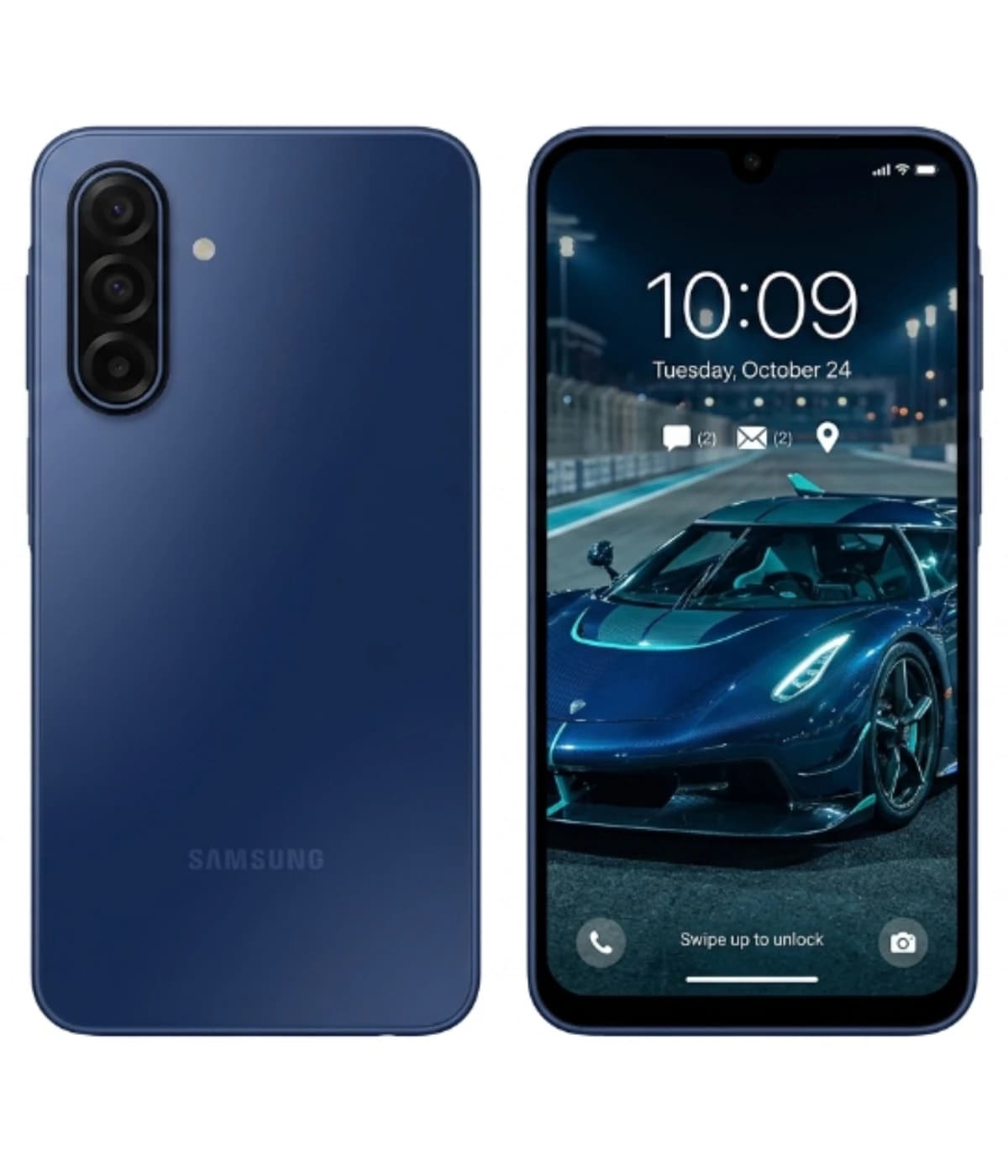 Samsung Galaxy A18 smartphone in navy blue color, featuring a sleek design with a triple camera setup on the back. The front displays a vibrant screen with a car wallpaper, showcasing its modern aesthetics and user interface.