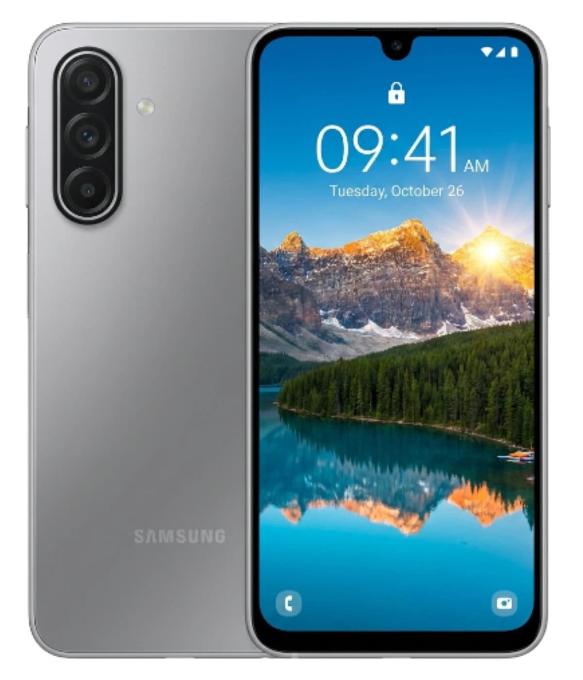 Samsung Galaxy A18 smartphone in sleek silver finish, featuring a vibrant display with a scenic lake wallpaper. The device showcases a triple-camera setup on the back and a modern design with a notch display.